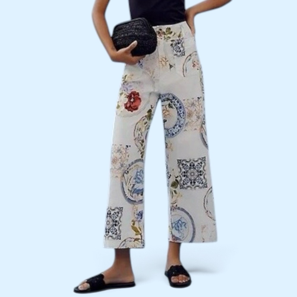 Anthropologie Colette Crop Wide-Leg Pants Sz 27 Maeve Floral Scarf Tapestry NWT